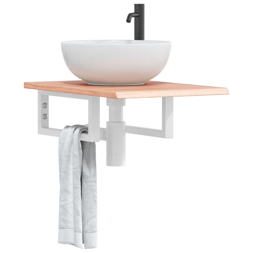 Ripiano a Parete per Lavabo in Acciaio e Massello di Rovere 3302556
