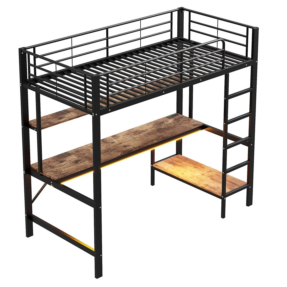 Letto a Soppalco con Scrivania e LED ¨C MINIMAL ¨C Metallo Nero 90x200