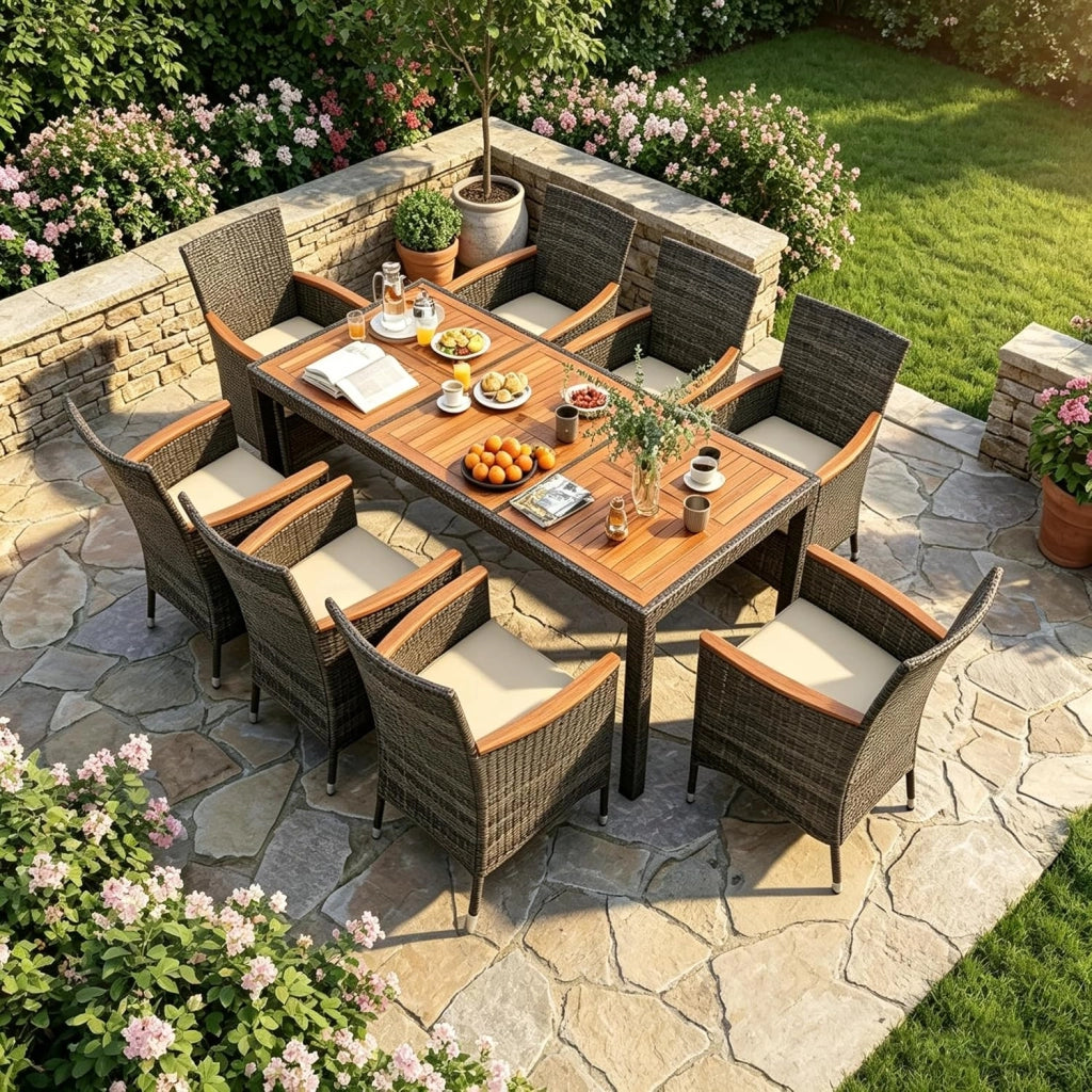 Salotto da Giardino Esterno, Set Mobili da Esterno in Rattan e Legno Massello con 8 Poltrone, Tavolo da Pranzo con Foro per Ombrellone da 5 cm e Cuscini Morbidi per Terrazzo, Bordo Piscina
