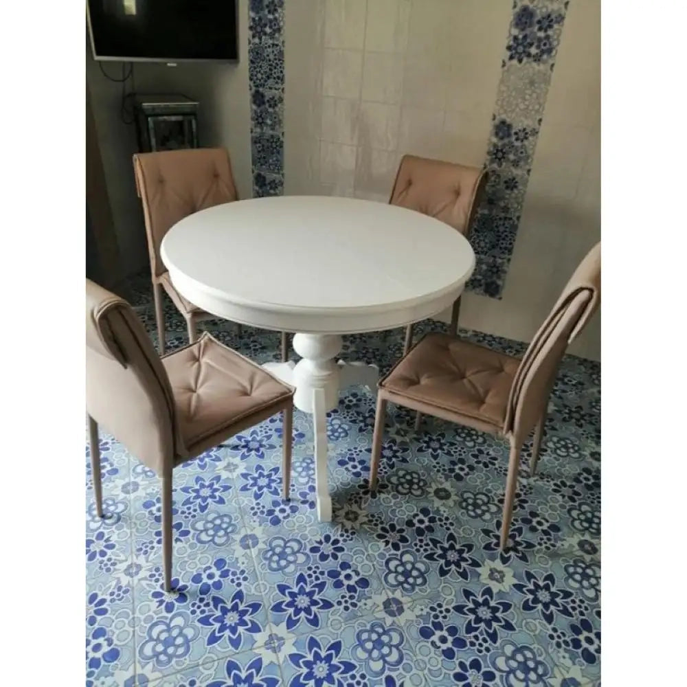Tavolo rotondo da 120 cm arte povera in legno massello e mdf con rifinitura in bianco 120x120x75 H