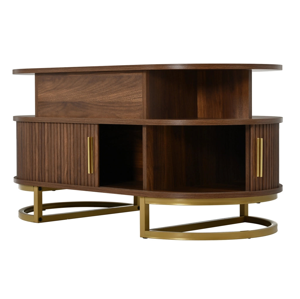 Tavolino da caffÃ¨ ovale 100x50x64 cm con piano sollevabile e vani in MDF noce