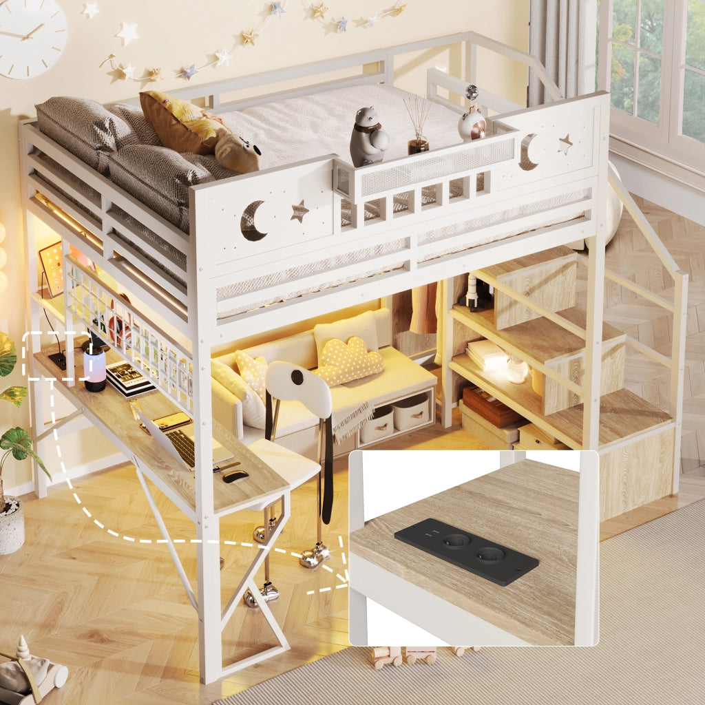Letto a soppalco 140x200 con scrivania in metallo e MDF; LED; USB e scaffali; bianco
