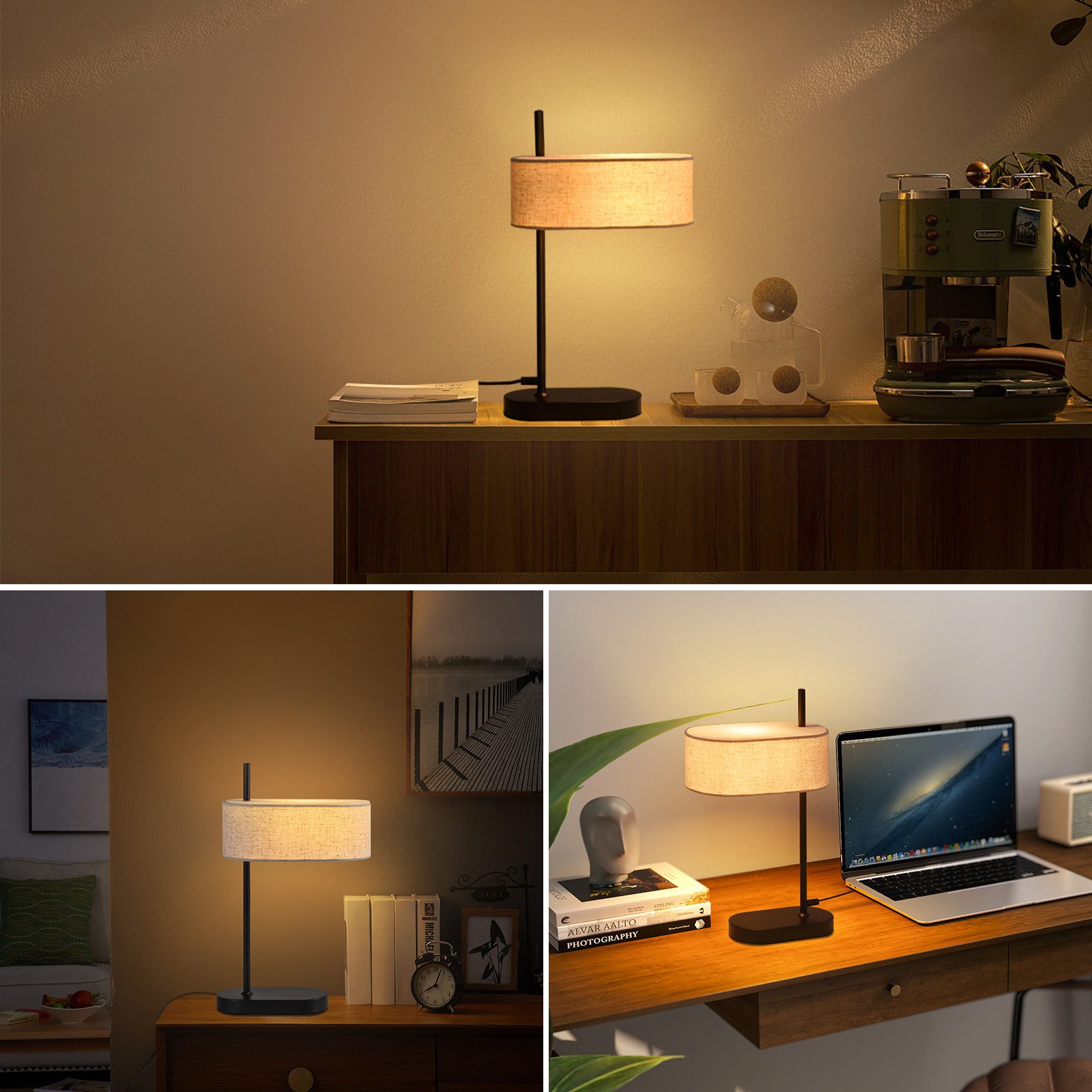 ZMH Lampada da tavolo nera E14 44.5cm paralume lino tessuto per soggiorno comodino