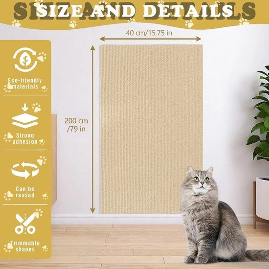 Tappeto autoadesivo per gatti 40 x 200 cm - Sostenibile e amichevole per i gatti - Protezione contro graffi per divani, mobili e porte - Beige