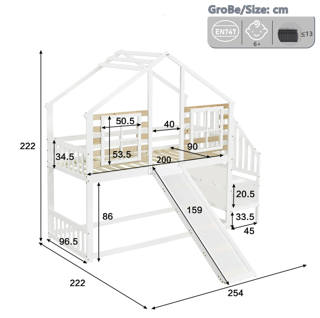 Letto a castello per bambini 90x200 cm con scivolo, bianco