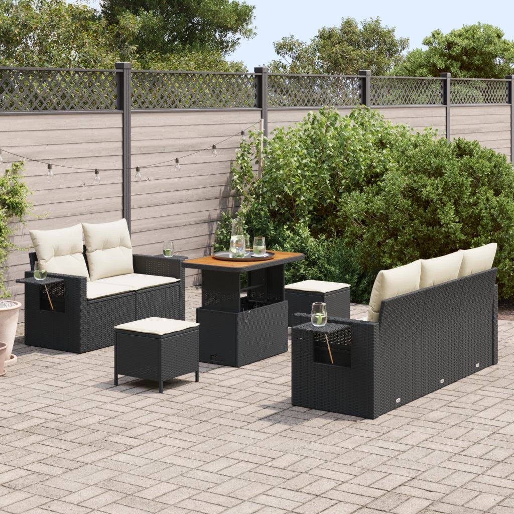 Set Divano da Giardino  8 Pezzi con Cuscini Neri Polyrattan Acacia