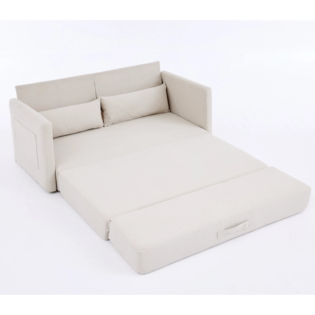 Divano letto pieghevole a 2 posti in tessuto effetto corda con 2 cuscini lombari e tasche beige per piccoli spazi