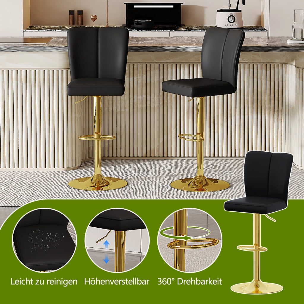 Sgabello da bar girevole a 360° con altezza regolabile e poggiapiedi, set da 2, in PU pelle e metallo nero oro