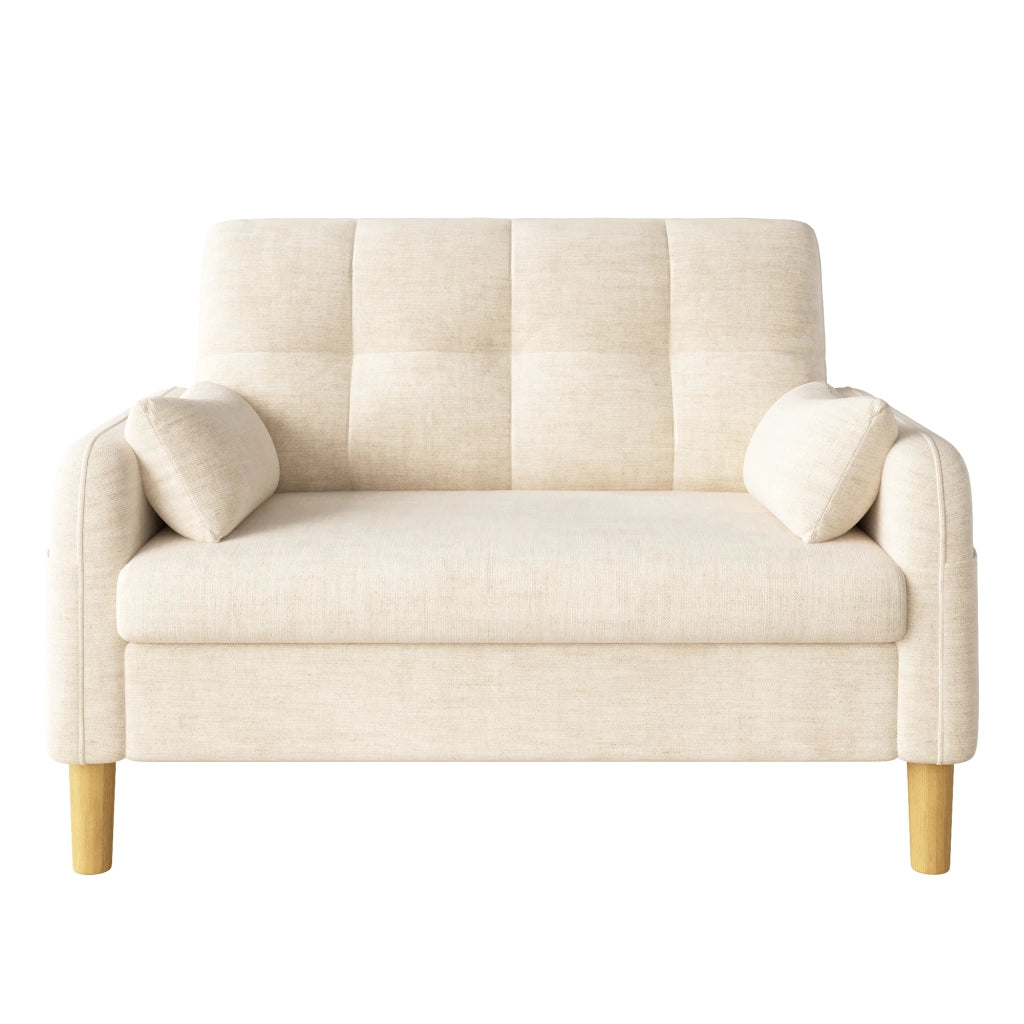 Divano moderno a due posti con cuscini spessi e morbidi, 2 cuscini decorativi e una tasca laterale portaoggetti, ideale per soggiorni, camere da letto