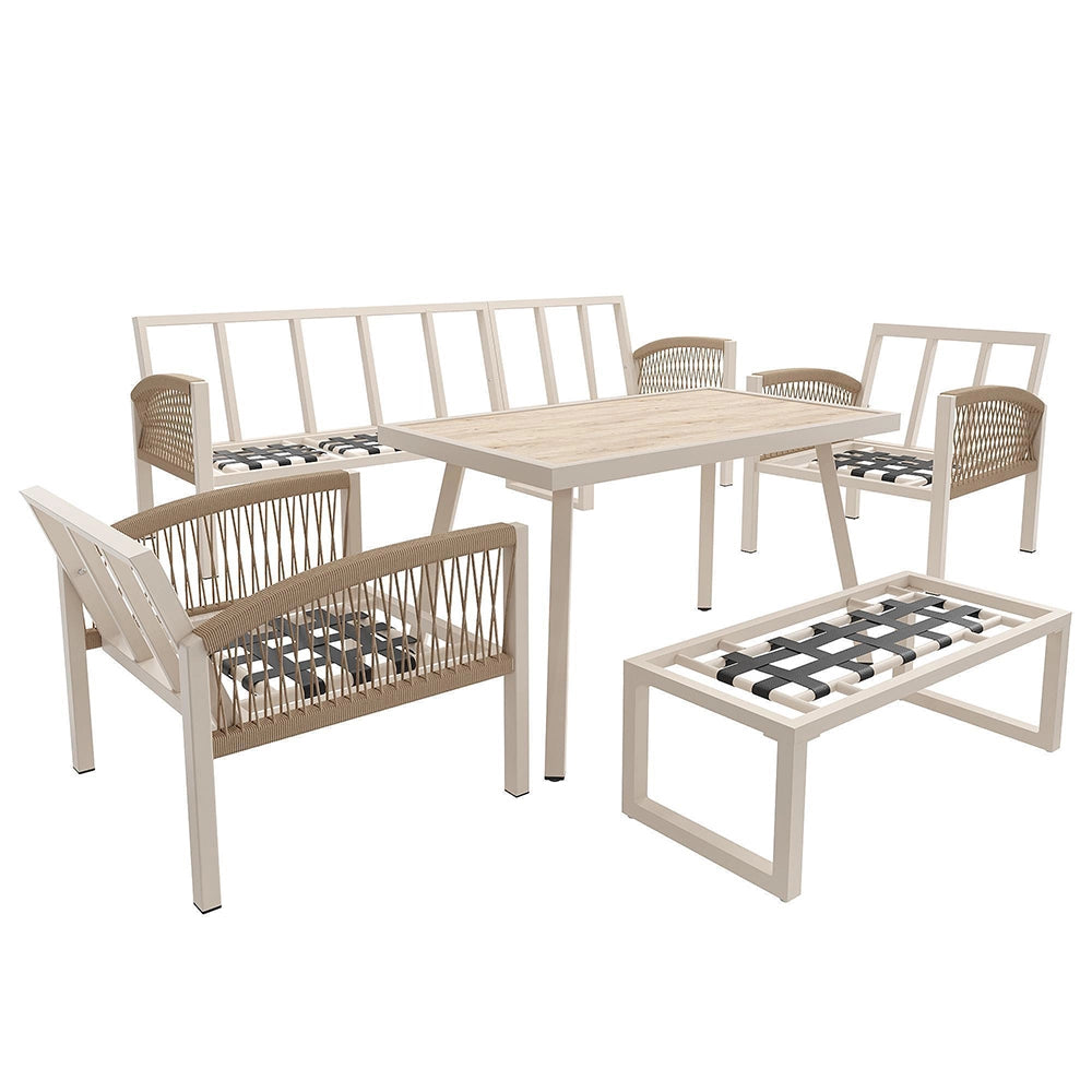 Set da giardino intrecciato a mano per 7 persone - Xylo - Struttura in ferro robusta con cuscini beige e tavolo in vetro effetto legno