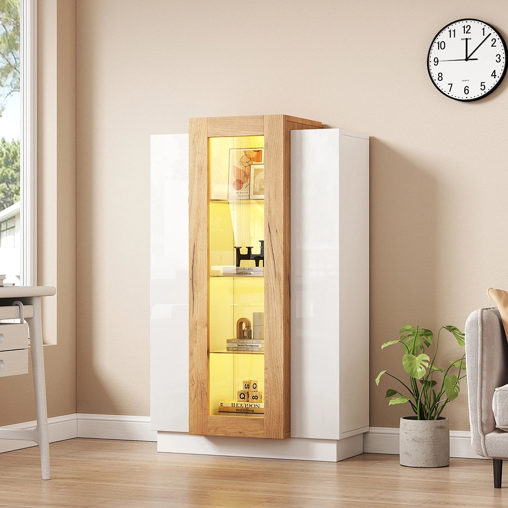 Armoire de salon con vetrina LED - Xylo - 74x40x120 cm - Porte trasparenti, scaffali in vetro, cassetto