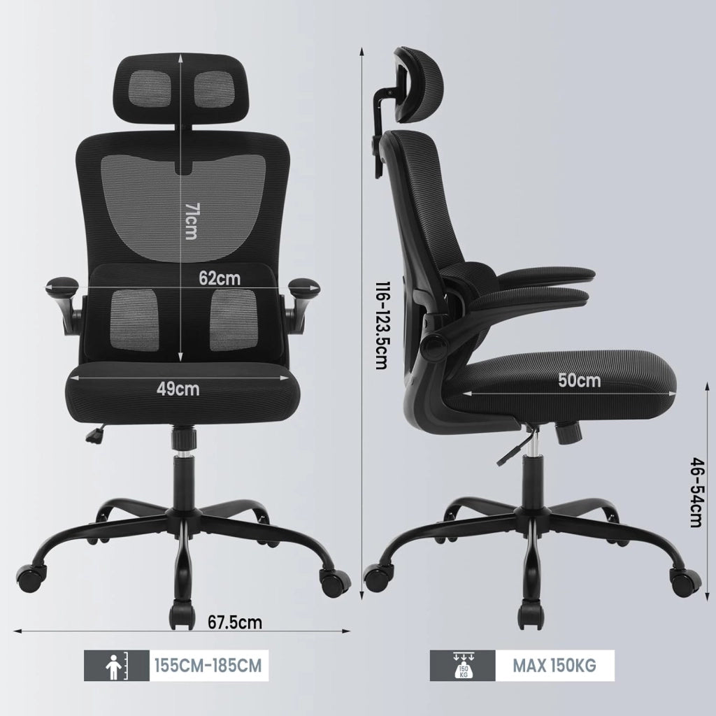 Sedia Ufficio Ergonomica, Sedie Ufficio a Rete Traspirante, Con Supporto Lombare Adattativo a Forma Di C, Poggiatesta Regolabile, Braccioli Ribaltabili, per Scrivania, Casa, Nero