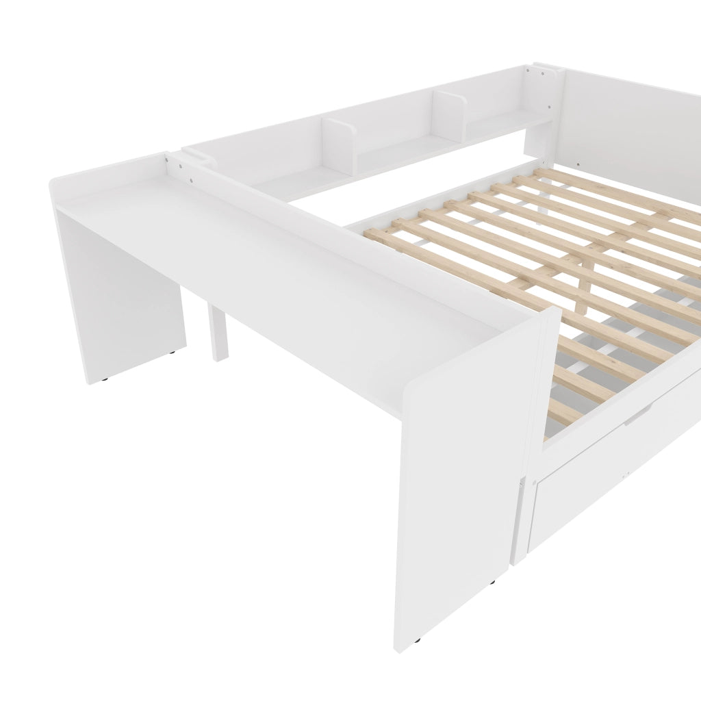 LETTO matrimoniale 140x200 cm bianco in pino, con scrivania, cassetti e ripiani