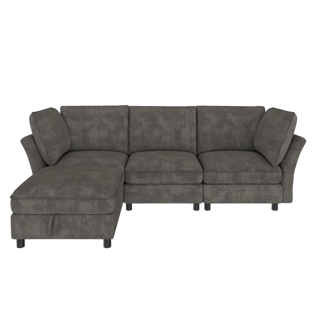 Sofa modulare a L con pouf contenitore, 4-5 posti, tessuto Chenille grigio