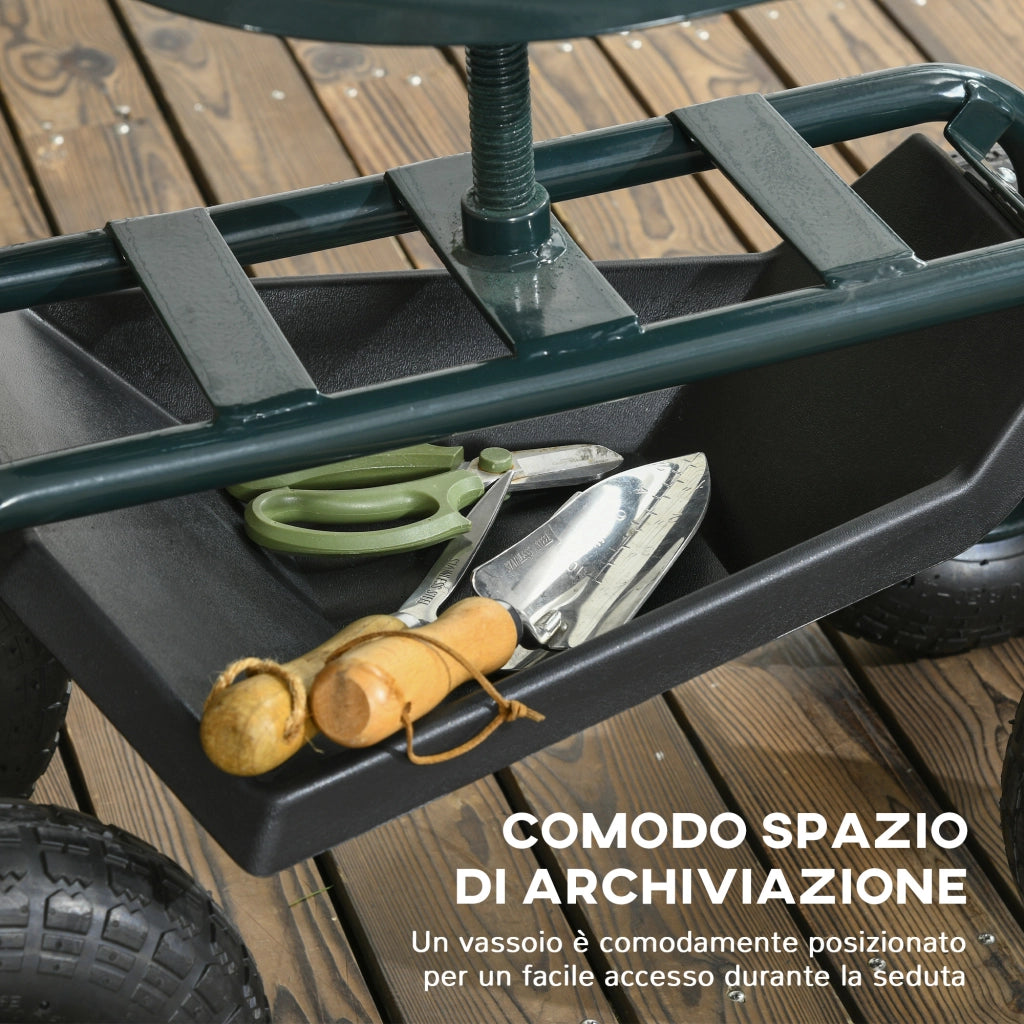 Carrello da Giardino con Sedile Regolabile e Vassoio ¨C zephmum ¨C Verde Scuro, Acciaio e PP, 83x36.5x45-60 cm