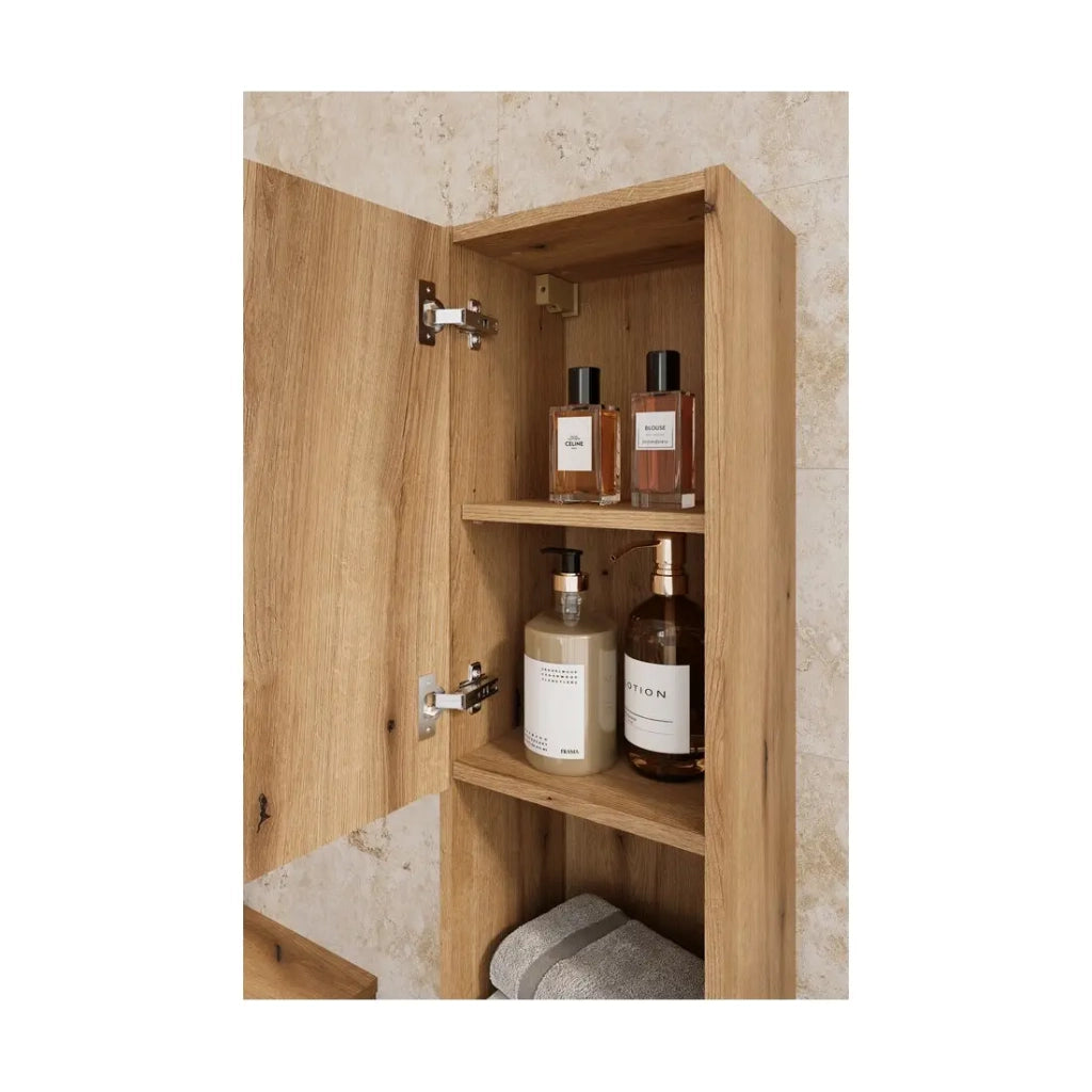 Set da bagno sospeso VANO in rovere chiaro 110cm: mobile sottolavabo con cassetti + piano per lavabo + colonna