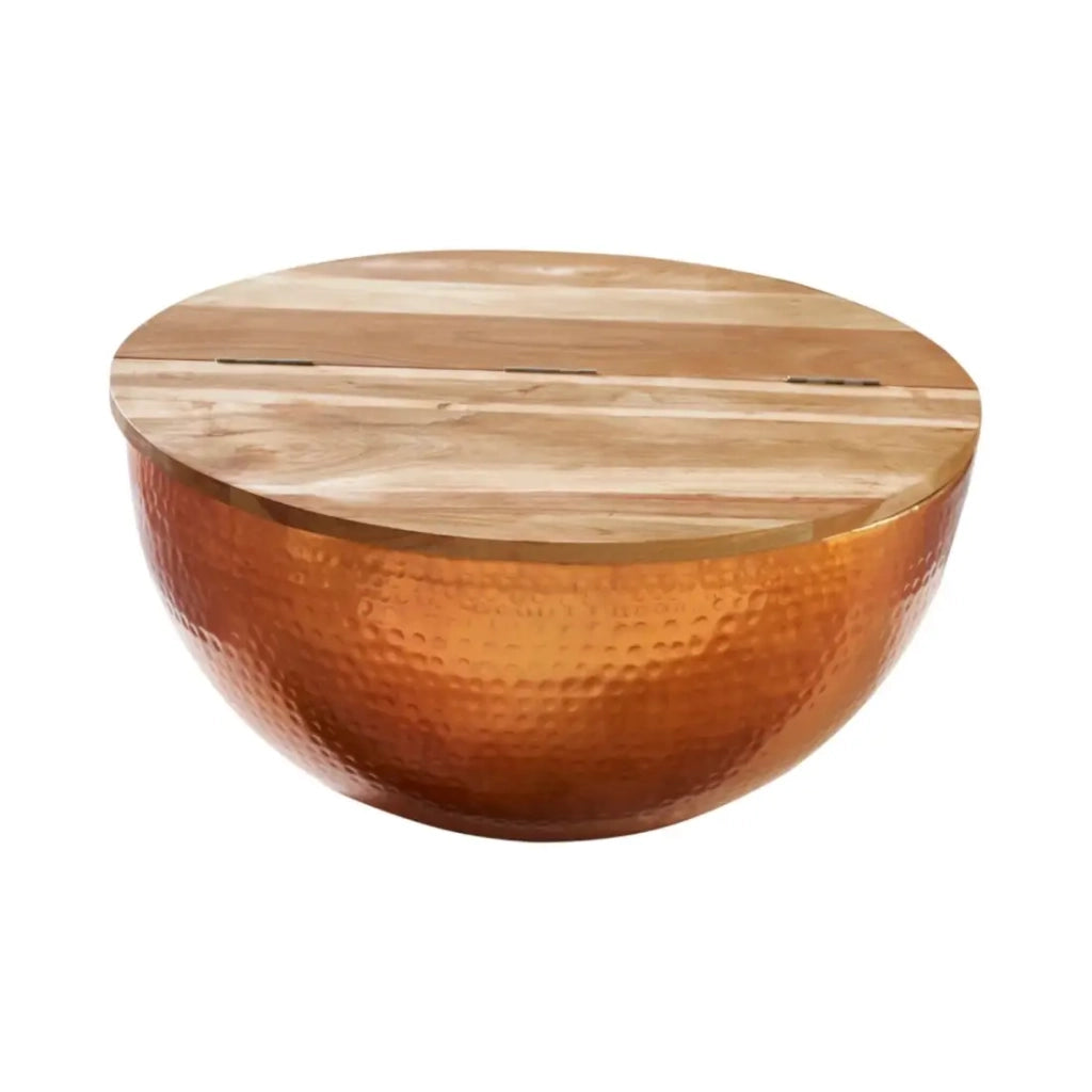 Tavolino basso TRIANE 60 cm con contenitore – Piano in legno di acacia e struttura in alluminio rame martellato