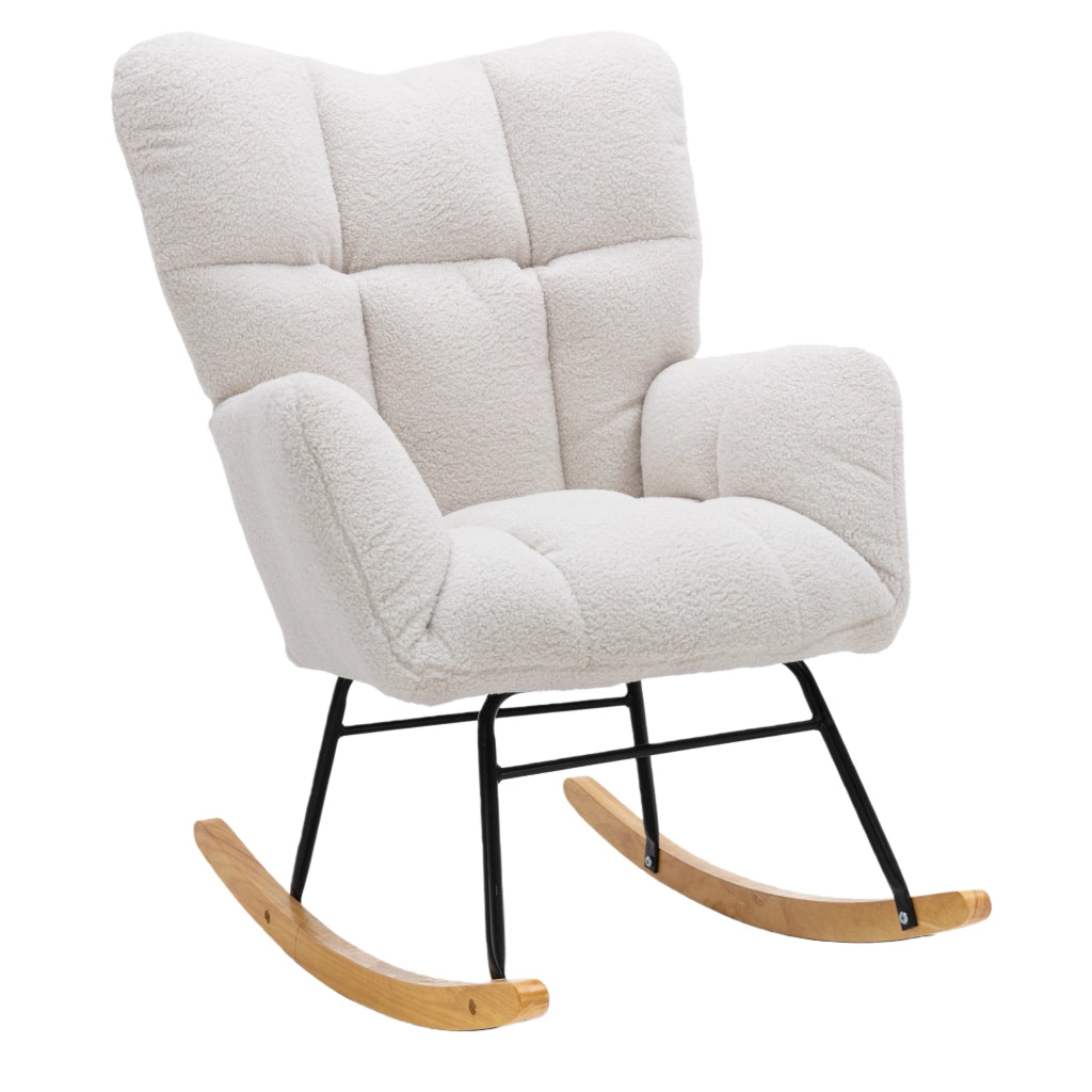 Sedia a Dondolo con Schienale Alto Ergonomico; Braccioli Imbottiti e Base Silenziosa; in Teddy Bianco