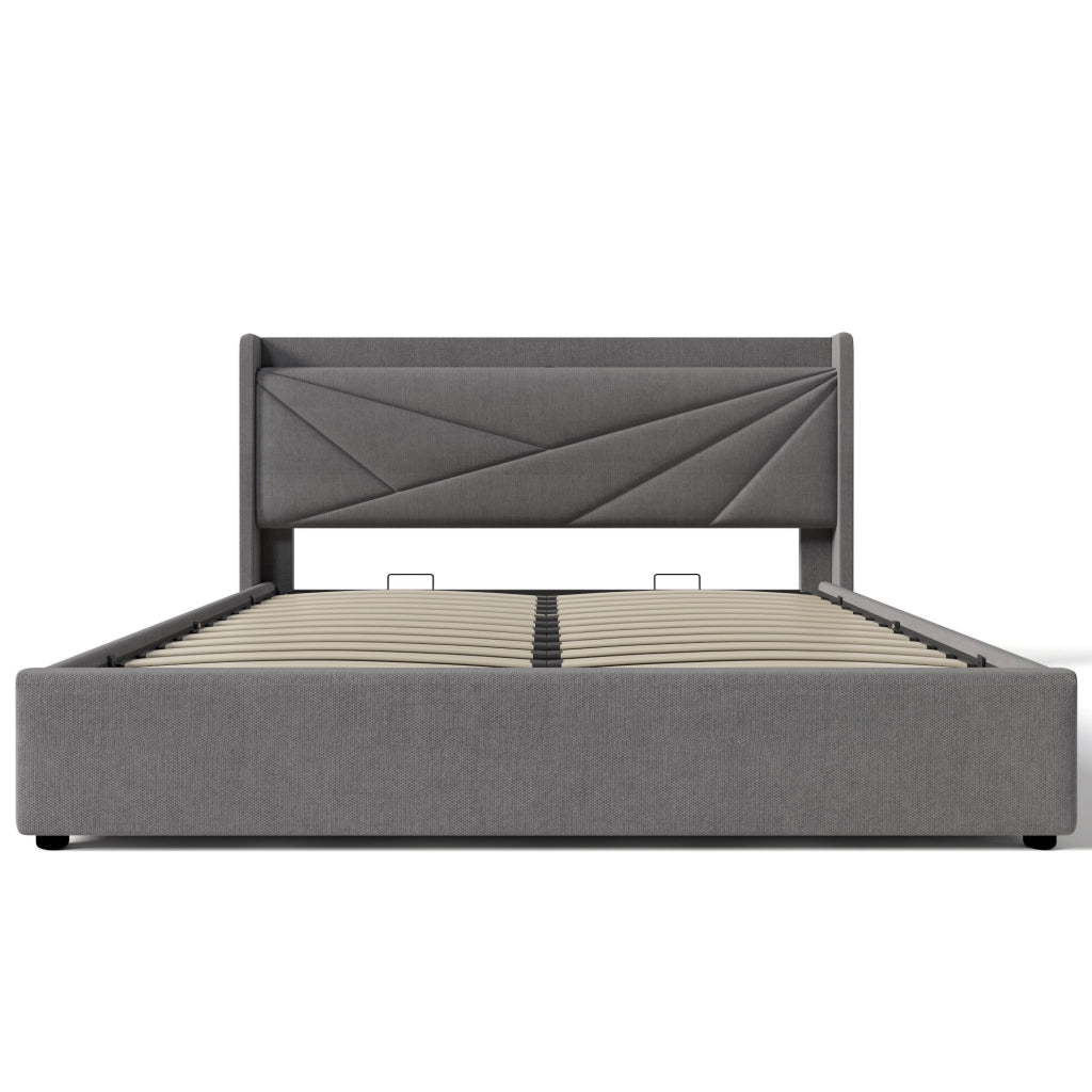 Letto matrimoniale 180x200 grigio con vano contenitore, testiera USB/Type-C e rete