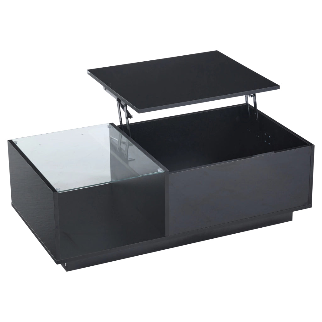 Tavolino basso sollevabile con 2 cassetti e vano nascosto LED finitura lucida moderna in legno ingegnerizzato nero