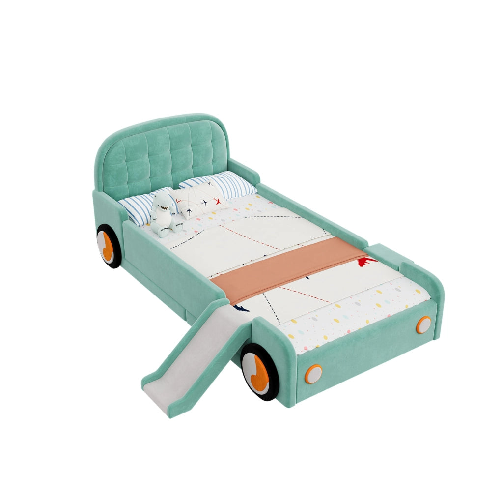 Letto a forma di auto 90x200 cm con scivolo e scala; velluto blu-verde