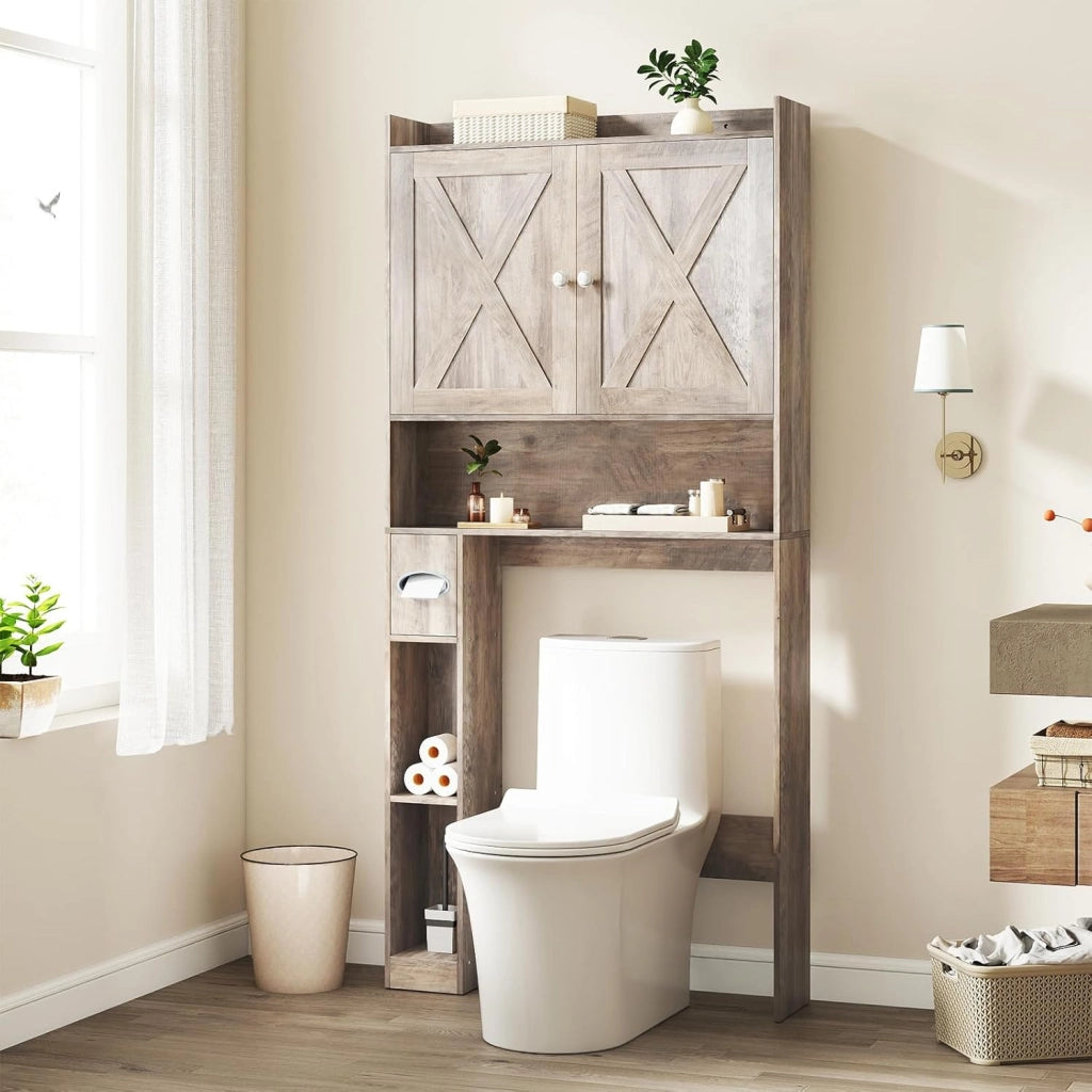 Armadietto WC per bagno, armadietto con 2 ante a battente, ripiani regolabili e scomparti per carta igienica, salvaspazio per WC, 81,5 x 19,5 x 172,5 cm (grigio)