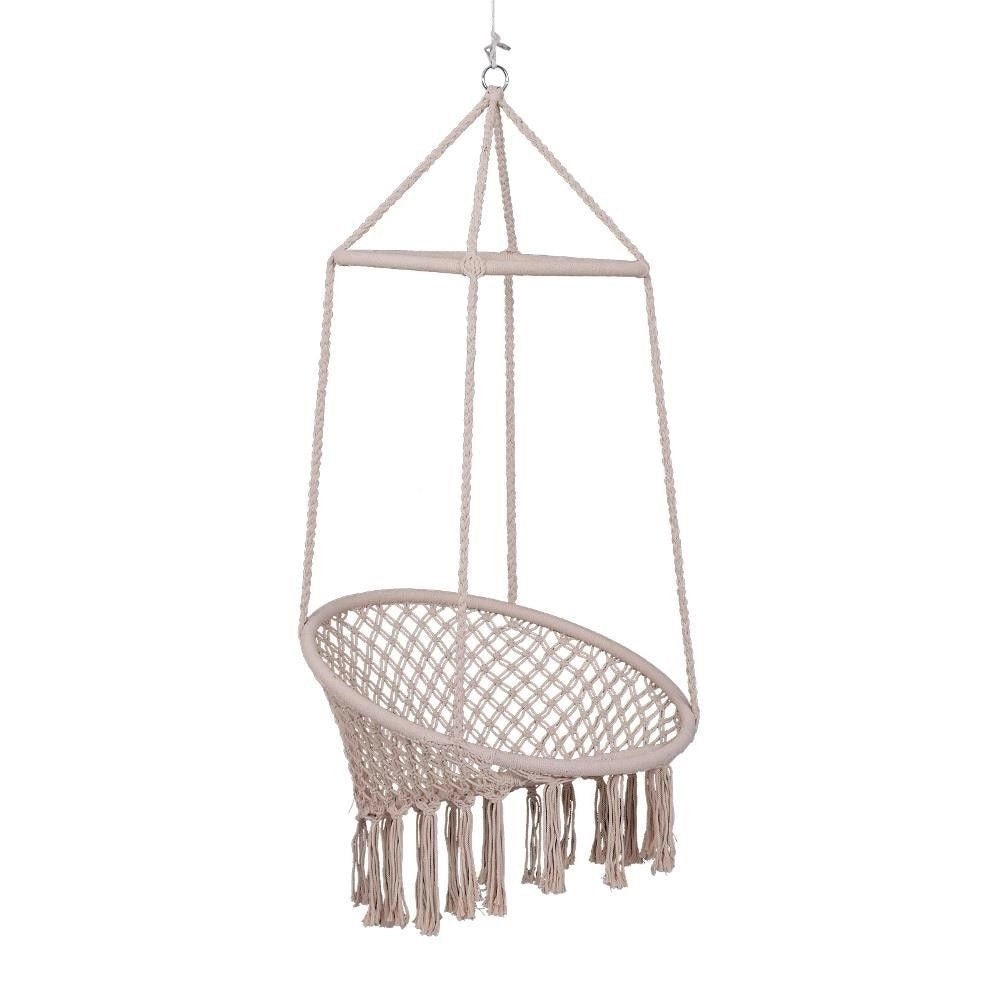 Trade Shop - Amaca Sedia Sospesa Ad Altalena Dondolo In Legno Corda Intrecciata Cotone Beige -