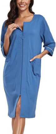 Camicia da notte per donna con zip, giacca leggera in cotone 100%, notturno con maniche 3/4 e tasche (blu, M)