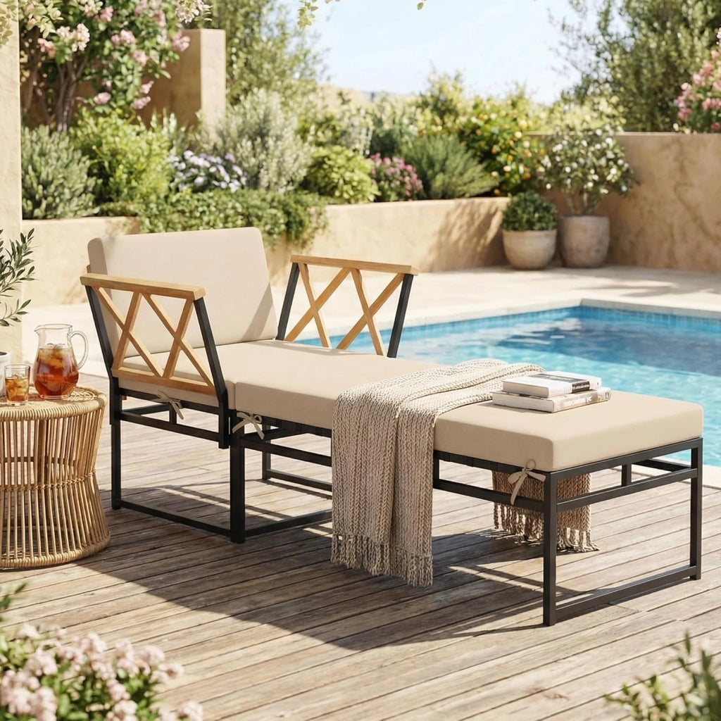 Set di 2 mobili da balcone, sdraio modulare con cuscino, poltrona e pouf, sdraio da giardino per 1-3 persone, per piscina, giardino, cortile, terrazza, 75 x 175 x 66 cm