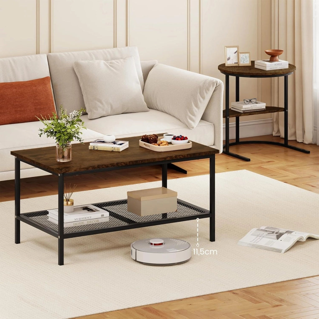 Set di Tavolini da Caffè Componibili, 2 in 1 Set di Tavoli Rimovibili con Piano in Marmo Sintetico, Tavolino Rotondo e Tavolino Rettangolare per Salotto e Camera da Letto (Nero) (Marrone)