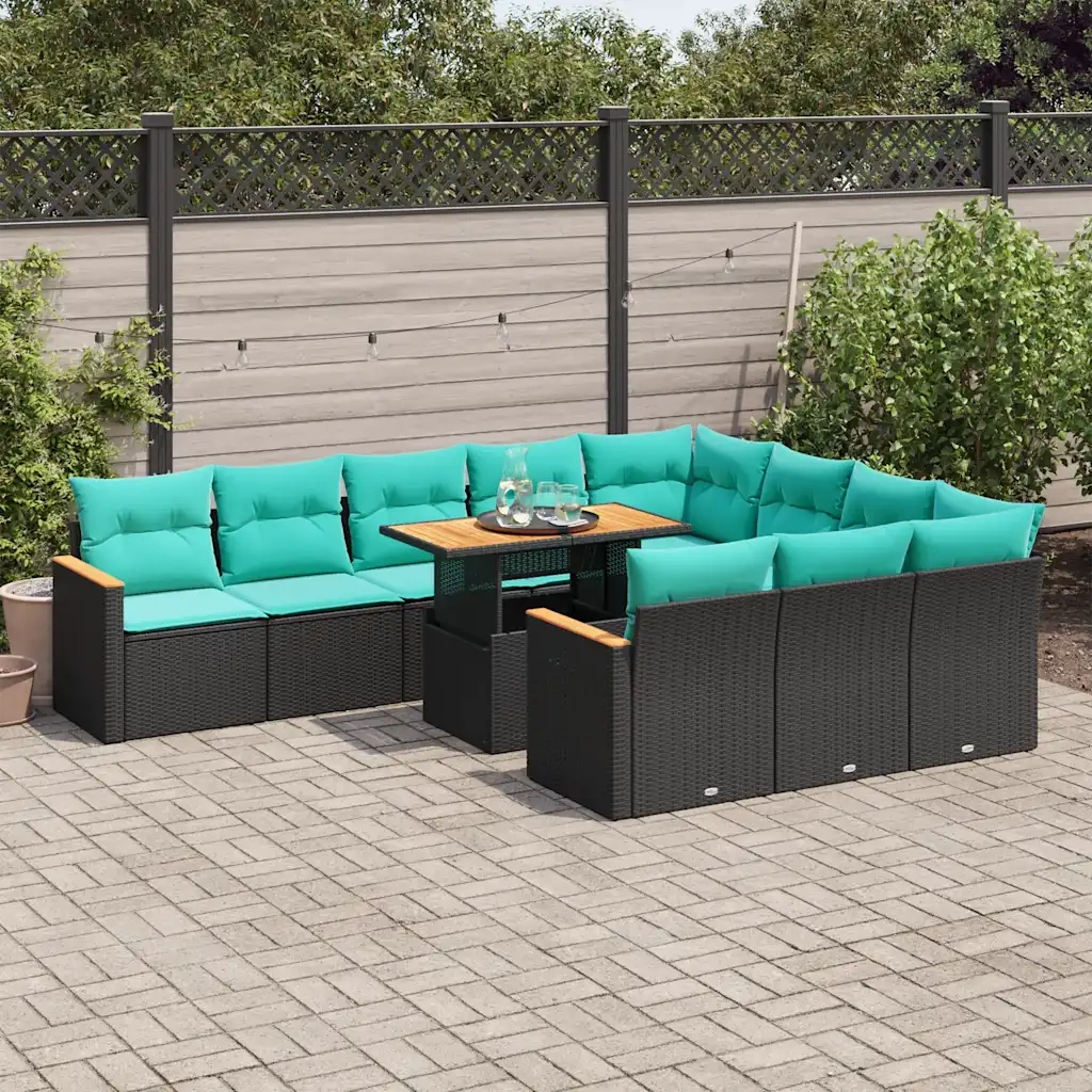 Set Divani da Giardino 11 pz con Cuscini in Polyrattan Nero