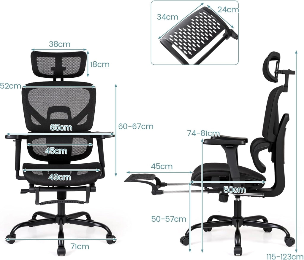 Sedia da ufficio ergonomica, sedia da scrivania girevole con altezza regolabile, schienale in rete, braccioli 3D e poggiapiedi retrattile, funzione di bilanciamento, 5 ruote, carico 136 kg