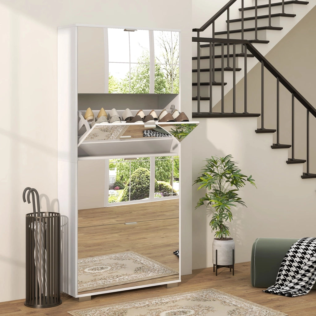 Scarpiera Salvaspazio Slim con Specchio e 4 Cassetti 24 Paia di Scarpe 76x26x178 cm Bianco