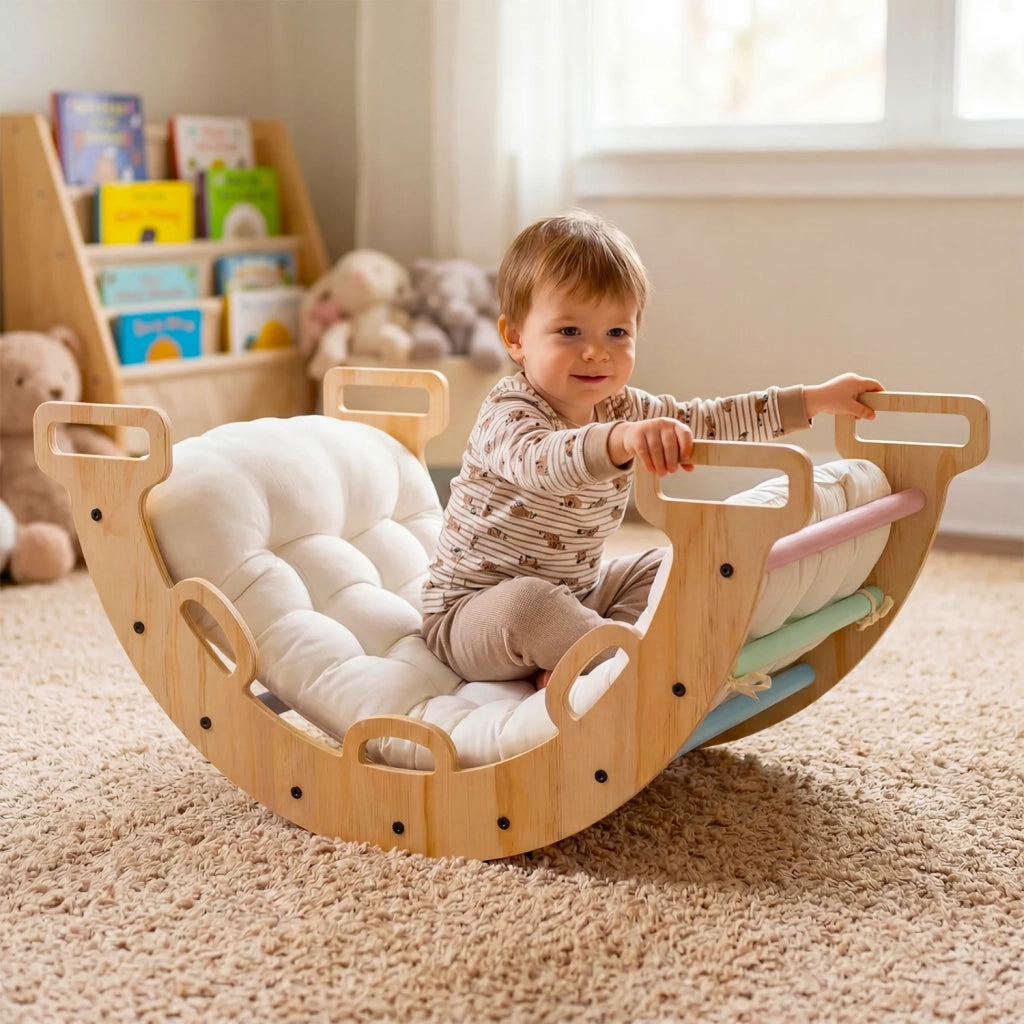Archetto in legno massello 3 in 1 per bambini, dondolo, arrampicata e tunnel con cuscino rimovibile, stile Montessori, Macaron