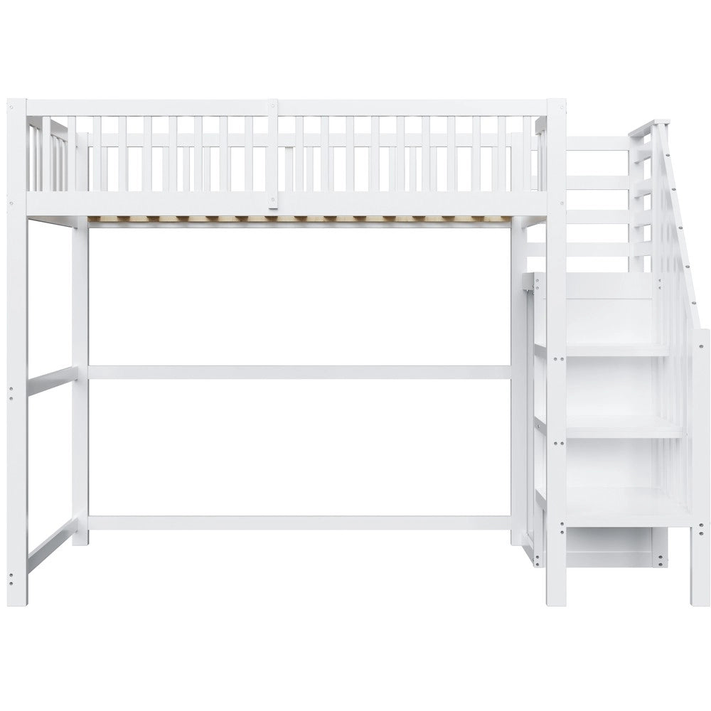 Letto a Soppalco 90x200 con Scala e Ripiani ¨C Xylo ¨C Bianco, Legno, Armadio