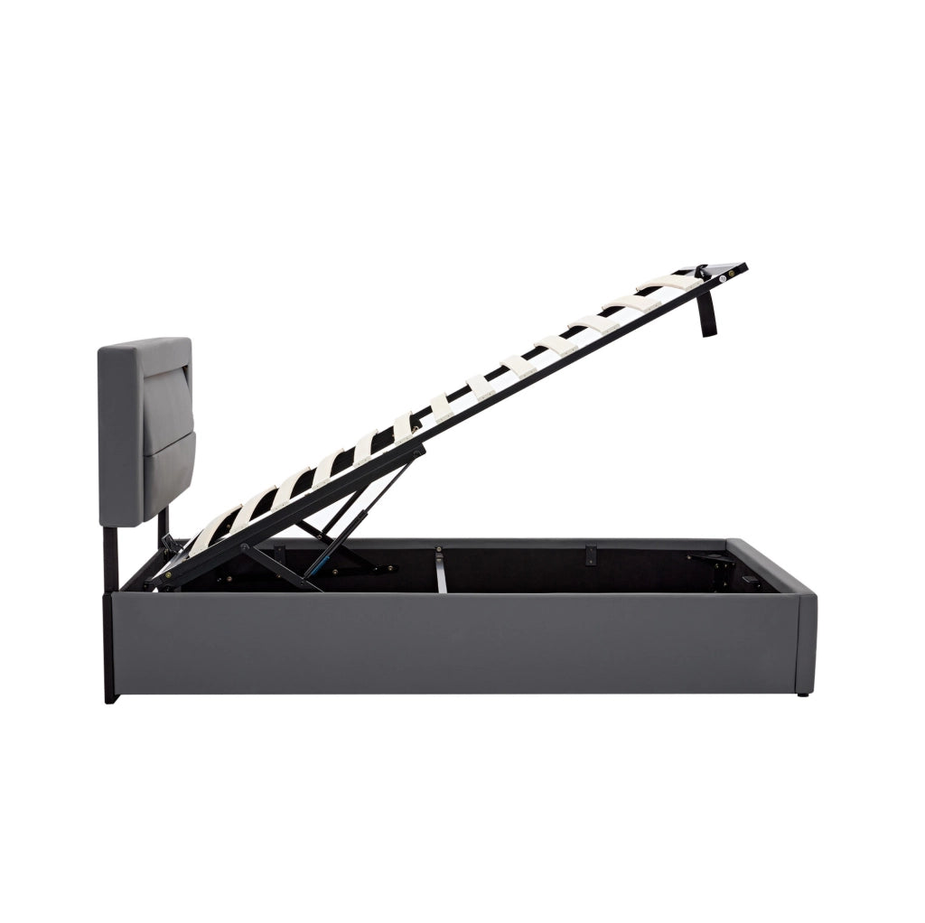 Letto imbottito 90x190 cm; USB e LED; con spazio contenitore; PU grigio (Senza materasso)