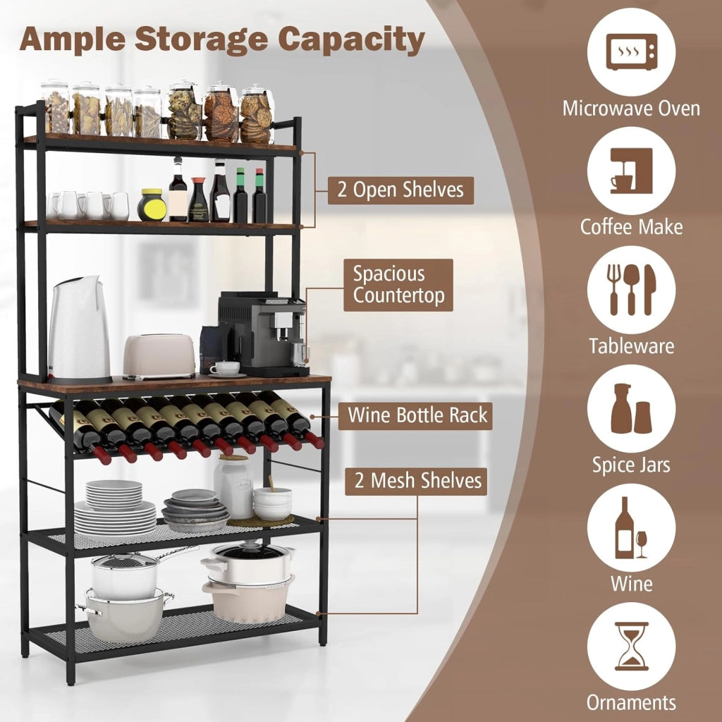 Scaffale portaoggetti industriale a 6 livelli, mobile da cucina con porta bottiglia di vino, dispositivo anti-ribaltamento, supporto per microonde per soggiorno, cucina, sala da pranzo