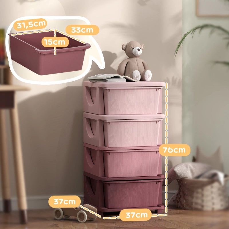 Scatola portaoggetti per bambini con 4 cassetti, seduta superiore e bordi arrotondati, 37 x 37 x 76 cm, rosa