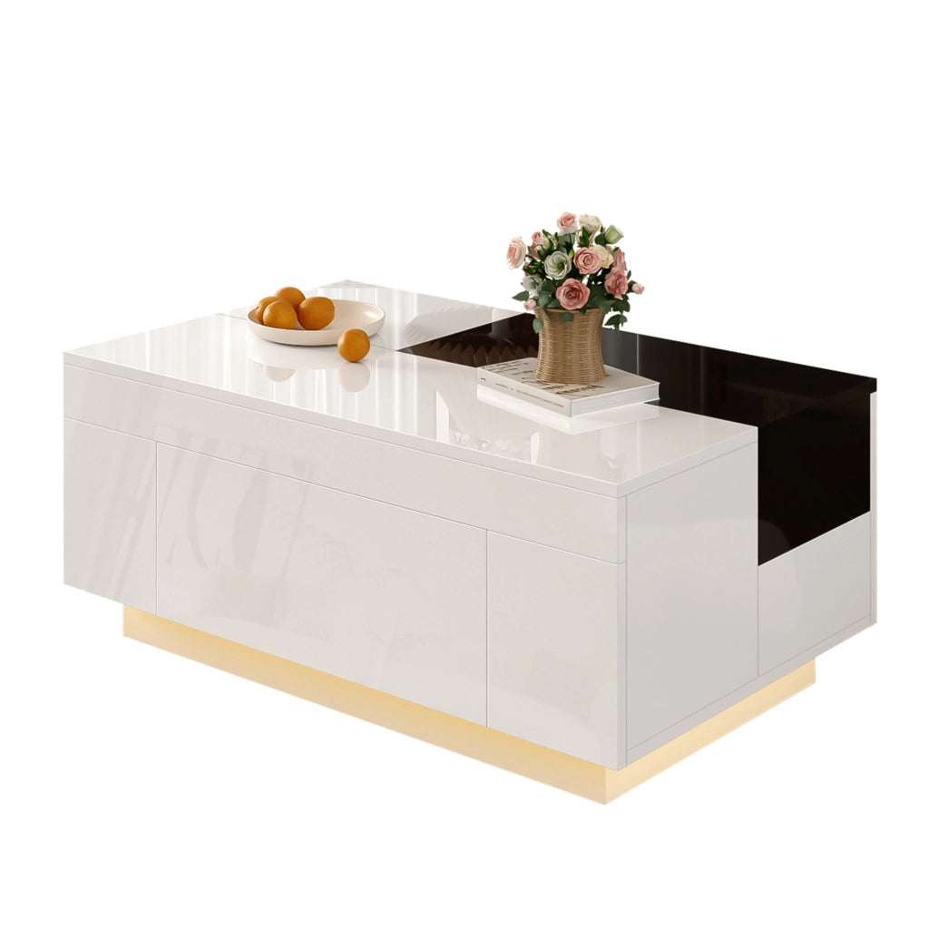OKWISH Tavolino da Salotto Moderno con Piano Estensibile, Cassetto Nascosto Soft Close e LED Bluetooth, 80 x 50 x 35.5 cm
