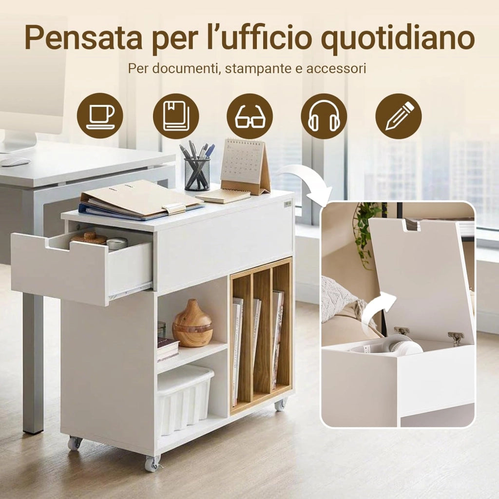 Carrello Ufficio con Ruote – Cassettiera Mobile e Supporto Stampante, Mobile da Ufficio con Piano Ribaltabile, Cassetto e Libreria Rimovibile, Bianco, L30 x P61 x H70 cm, FBT134-W