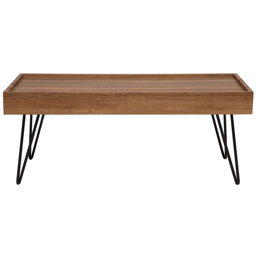 Tavolino da caffè in legno marrone 120 x 60 cm gambe a forcina in metallo Nero piano rettangolare con bordi rialzati soggiorno
