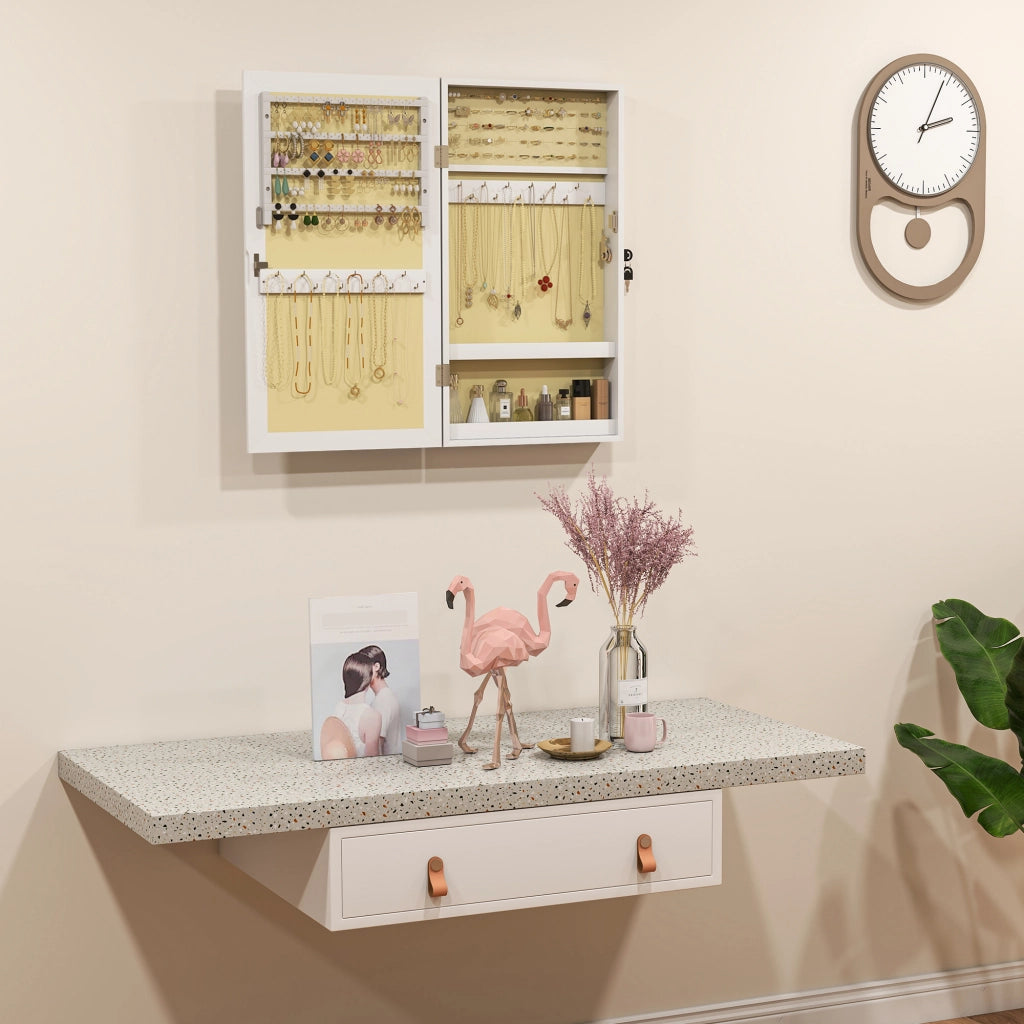 Mobiletto Portagioie a Specchio con Design a Muro e 2 Chiavi di Sicurezza, in Legno, 36.5x9.5x67 cm, Bianco