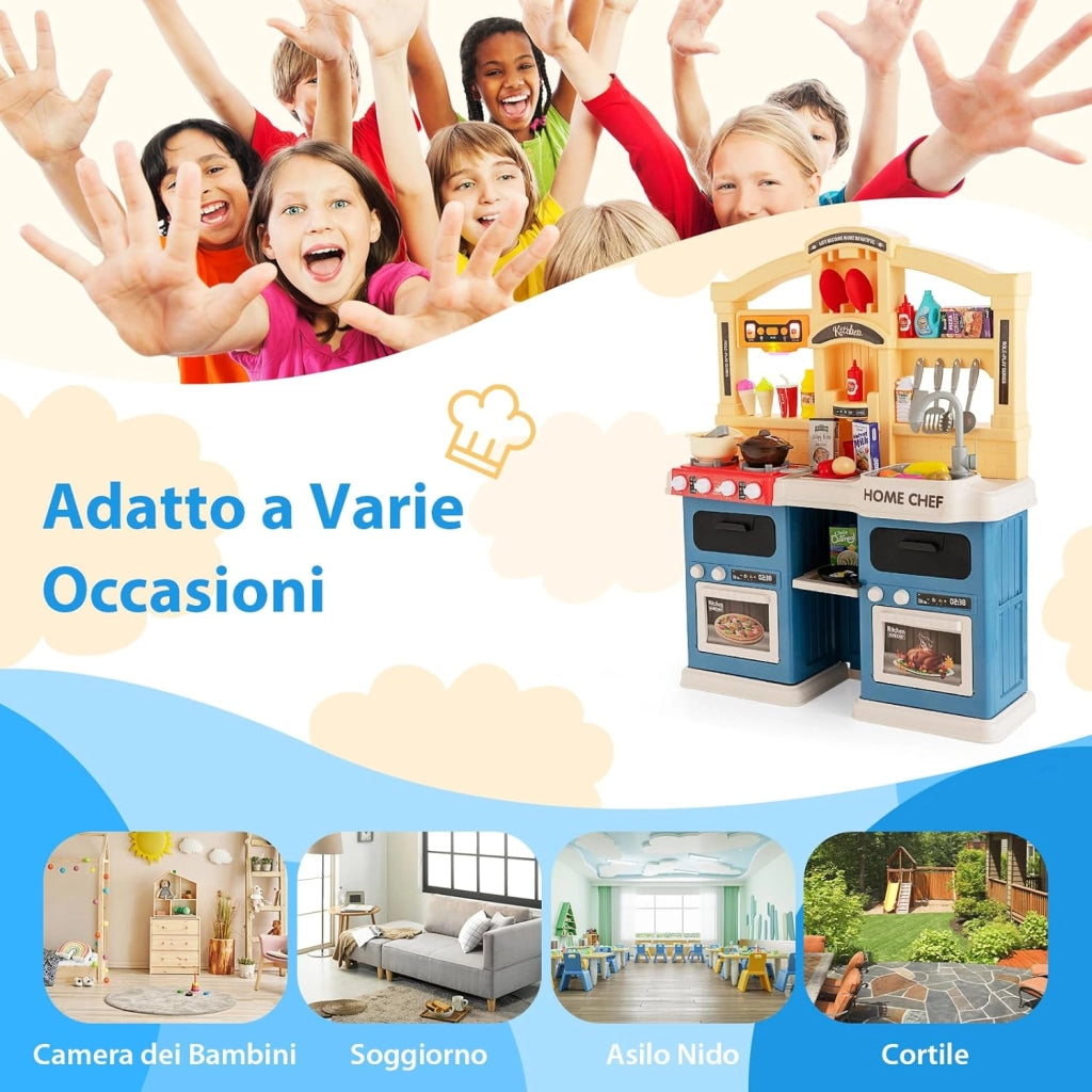 Cucina Giocattolo per Bambini, Cucina per Bambini con Forno, Microonde, Lavello e Rubinetto, Funzione Luci e Suoni, Vapore e Ebollizione, 69 Accessori, per 3+ Anni (Blu)