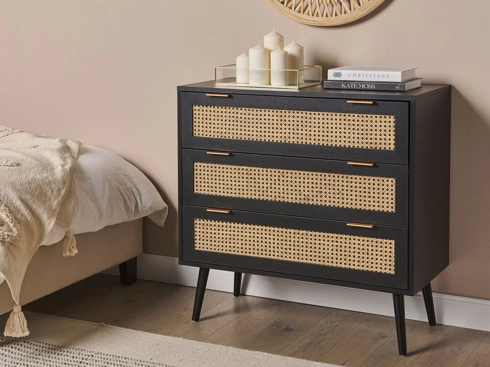 Cassettiera in rattan a 3 cassetti in legno di manifattura nero con cassetti frontali in rattan Credenza frontale in legno di gomma nero Gambe in stile Boho Soggiorno