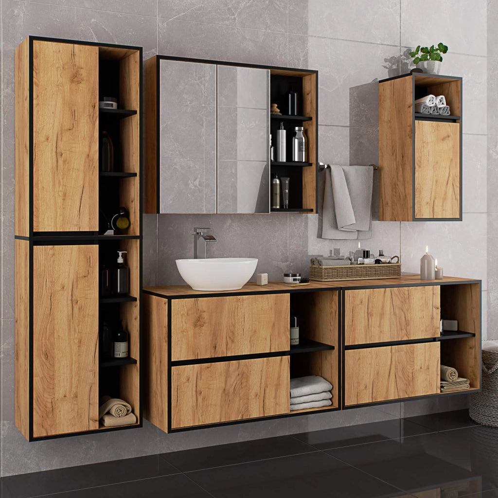 Pensile bagno con specchio VAMI Rovere Craft, Nero 90 cm 2 ante 90x15x75 cm