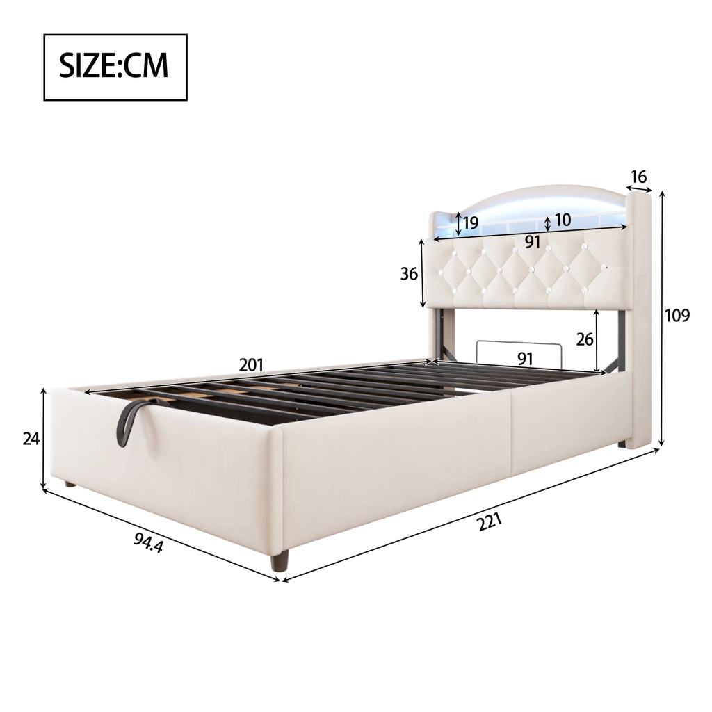 Letto per bambini singolo 90×200 cm contenitore con led; 3 usb e type-c; senza materasso; tessuto; beige