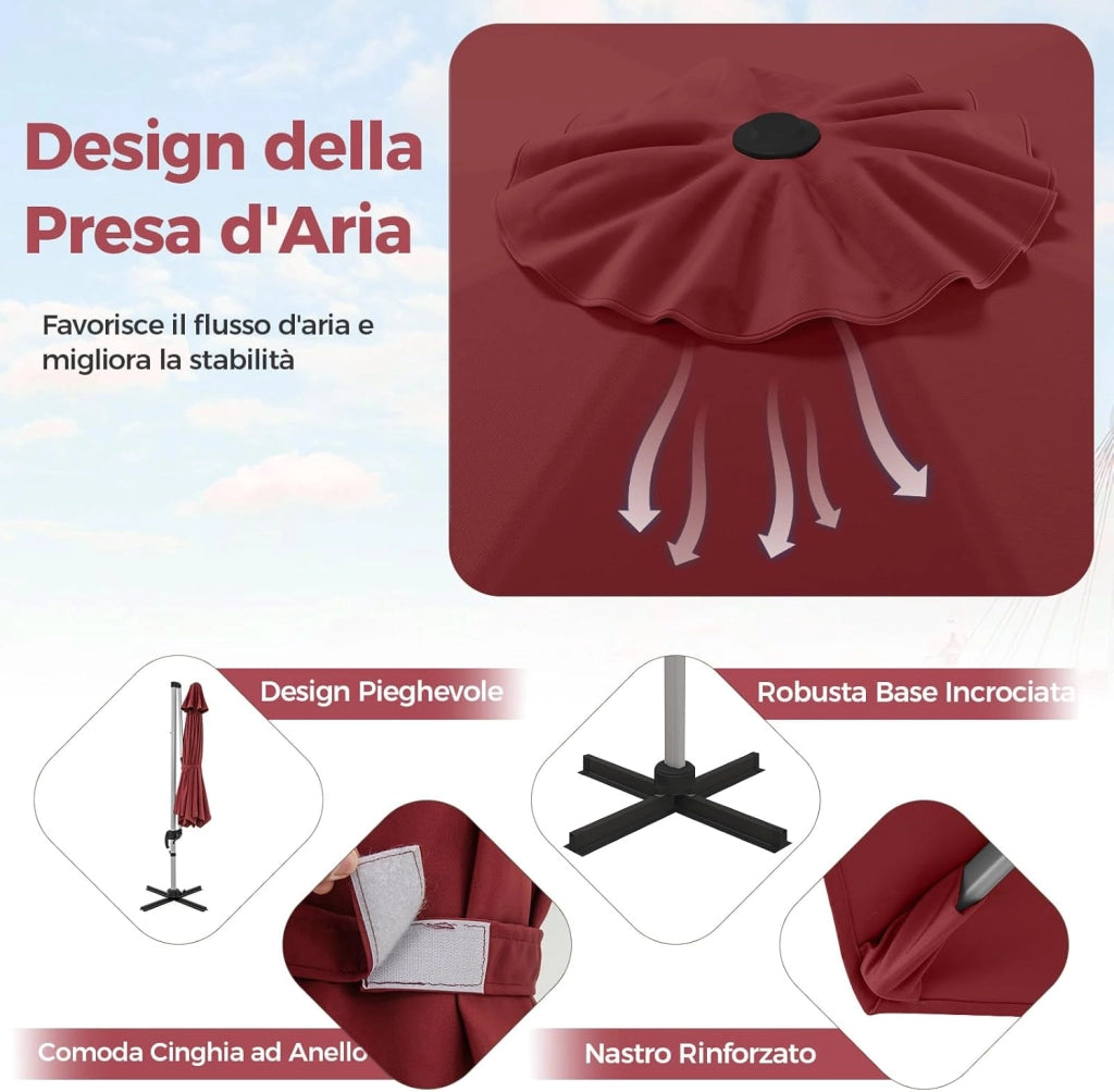 Ombrellone da Giardino 339 cm, Ombrello da Giardino Rotondo con Rotazione a 360°, Ombrellone da Giardino Inclinabile con Base, Ombrello da Sole per Giardino, Patio (Rosso)