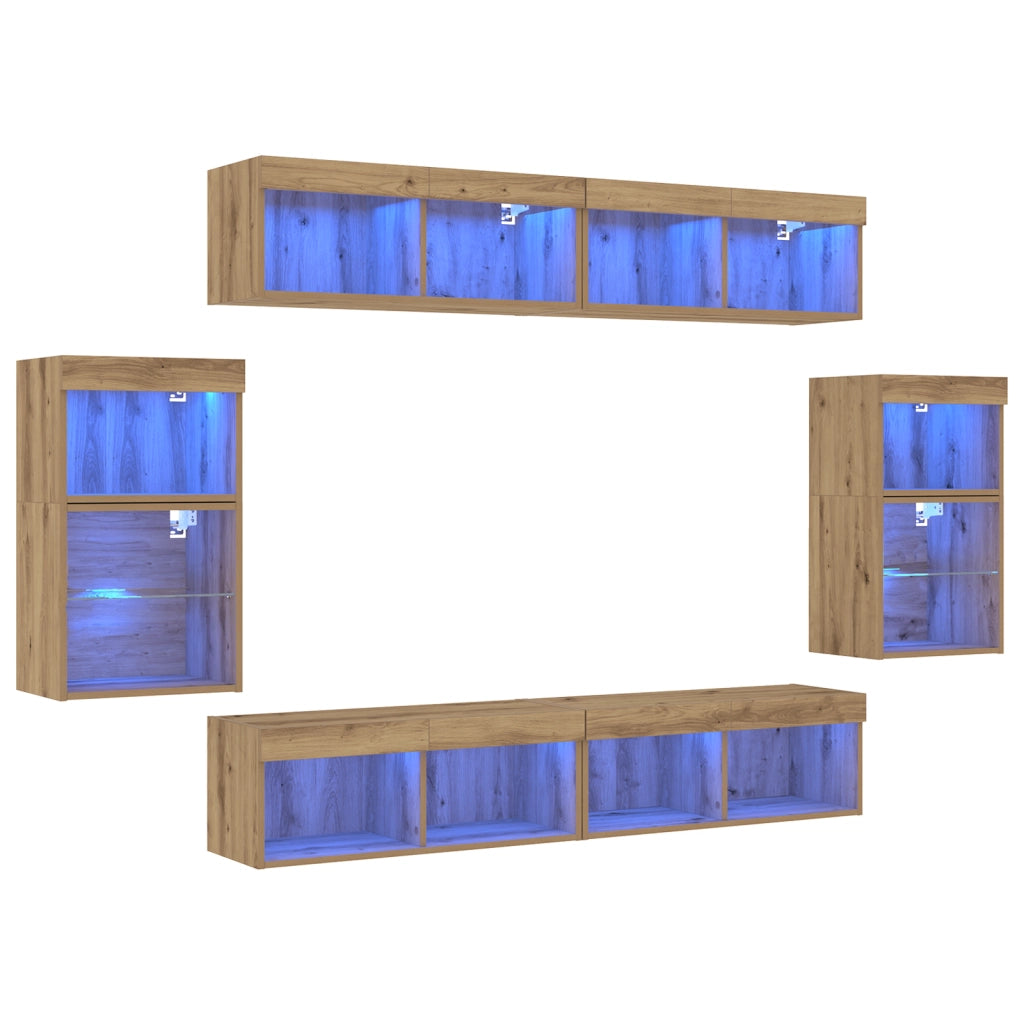 UnitÃ  TV da 8 pezzi con luci LED in legno ingegnerizzato e finitura in rovere artigianale