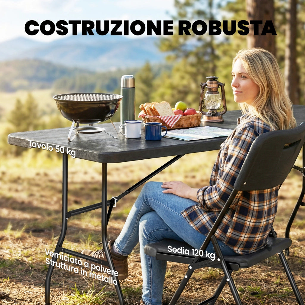 Set 5 Pezzi Tavolo e Sedie da Campeggio con Tavolino Pieghevole e 4 Sedie in HDPE e Metallo Nero