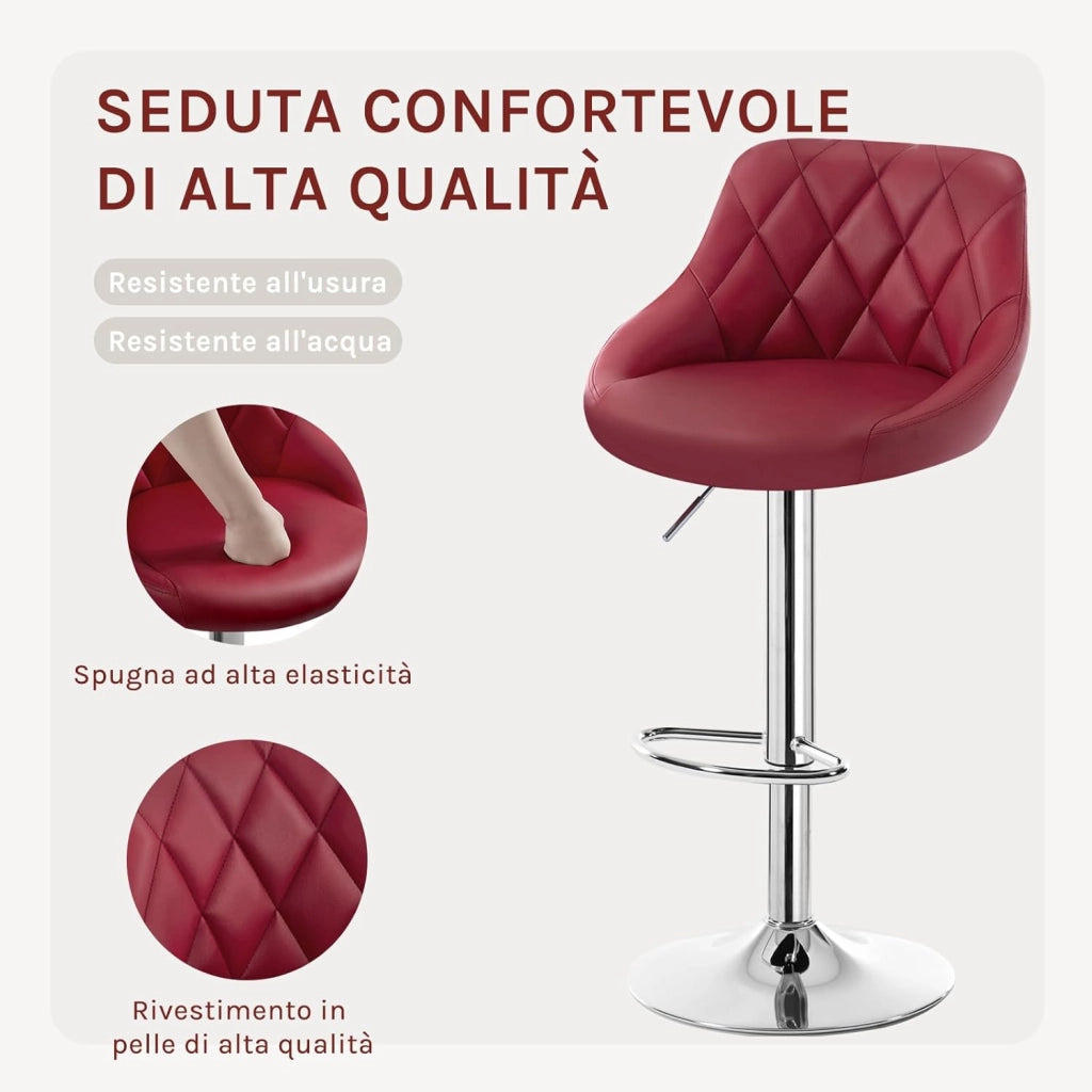Sgabello da Bar Moderno Girevole Sedia Cucina Alta con Schienale Quadrato Poggiapiedi Senza Braccioli Altezza Regolabile in PU Bordeaux 1 Pezzo